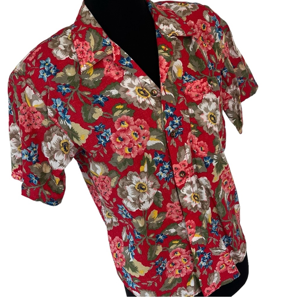 Vintage LizWear Petite red Hawaiian button down shirt short sleeve SP cotton